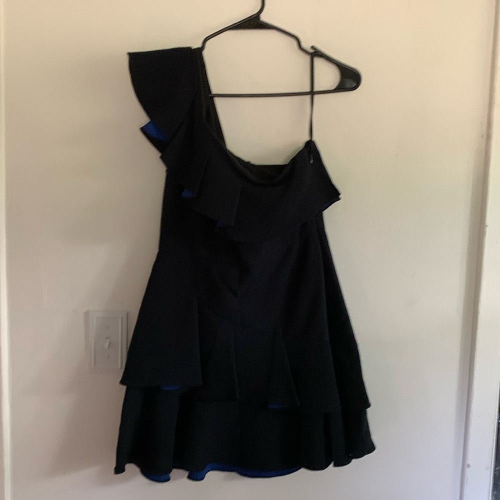 BCBG black and blue ruffle one shoulder mini